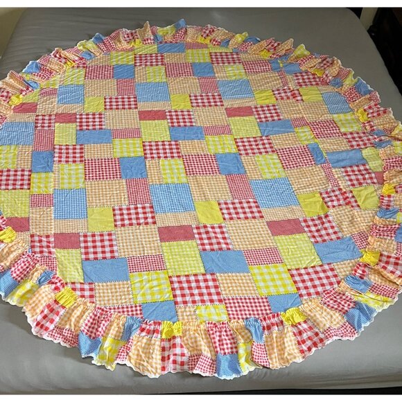 VTG Patchwork Twin Ruffle Bed Spread Cover Sham Round Table Cloth - Picture 2 of 7